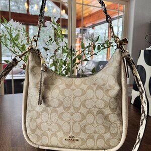 COACH Jules Hobo Pebble & Snake-Embossed Leather Bag Light Khaki/Ivory C9191